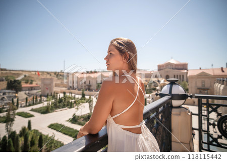 Woman Balcony View Cityscape Yerevan Armenia 118115442