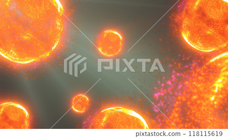 A vibrant depiction of floating orange spheres in a cosmic environment, resembling microscopic particles or cells in a glowing, ethereal space A vibrant depiction of floating orange spheres in a cosmic environment, resembling microscopic particles or cells in a glowing, ethereal space 118115619