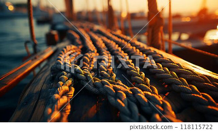 Large thick strong marine ropes for ships lie on a wooden pier 118115722