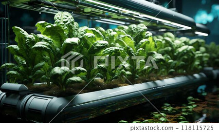Green eco-friendly hydroponic farm for growing greens and plants in artificial conditions 118115725