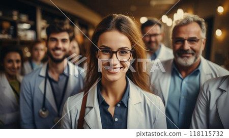 Team of medical workers doctors smiling in hospital, medicine and healthcare concept 118115732