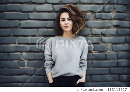 portrait of a young beautiful woman against a brick wall, modern style and fashion, lifestyle 118115817