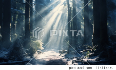 beautiful winter landscape, a trail in a snow covered forest, tree branches with hoarfrost, sunset, bright sunlight and beautiful nature 118115830