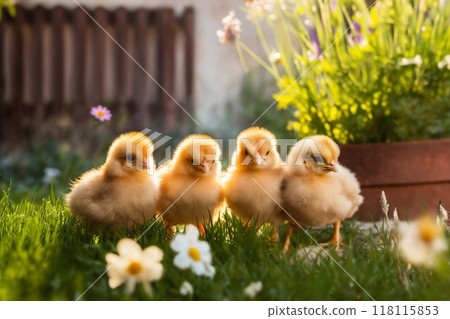 Portrait of small baby chickens on a green grass in the courtyard, bright sunny day, on a ranch in the village, rural surroundings on the background of spring nature 118115853