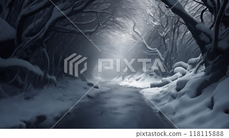 beautiful winter landscape, dark snow-covered forest and stream, tunnel of tree branches, cloudy and foggy, beautiful nature 118115888