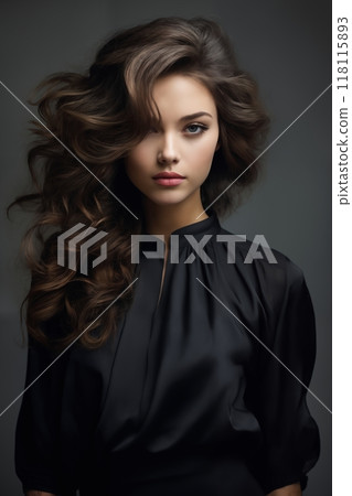 portrait of a young beautiful woman with long curly hair, close-up face, on a dark background, studio beauty photo, style and fashion portrait of a young beautiful woman with long curly hair, close-up face, on a dark background, studio beauty photo, style and fashion 118115893