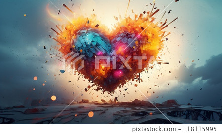 vibrant and colorful heart with explosive colors, love and romance, valentine and romantic emotion 118115995