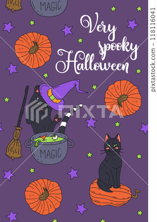 Card or poster with cute Halloween illustration with black witchy cats and pumpkins Card or poster with cute Halloween illustration with black witchy cats and pumpkins 118116041