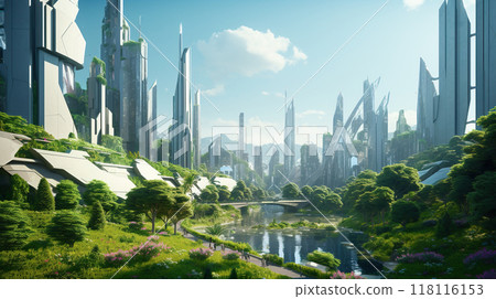 futuristic eco green city skyline with skyscrapers and gardens, future architecture 118116153