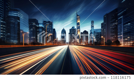 big city skyline and traffic lights blurred motion, skyscrapers and highway light trail at rush hour 118116175