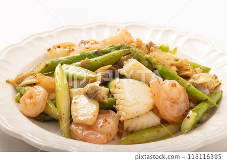 Stir-fried mixed seafood and asparagus with garlic Stir-fried mixed seafood and asparagus with garlic 118116395