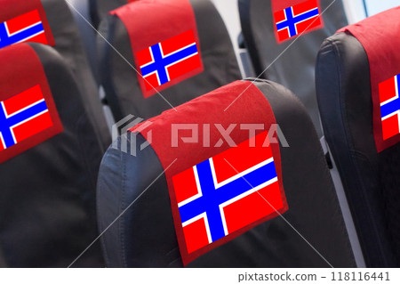 Norwegian Flag on Empty seat in plane. Travel, flight and transportration in Norway concept 118116441
