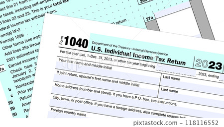 Tax form 1040 USA Individual Income Tax Return, close-up view of IRS application form, tax accounting document Tax form 1040 USA Individual Income Tax Return, close-up view of IRS application form, tax accounting document 118116552