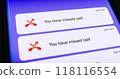 List of missed calls on smartphone screen, unanswered or dropped call scrolling notifications 118116554