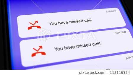 List of missed calls on smartphone screen, unanswered or dropped call scrolling notifications 118116554