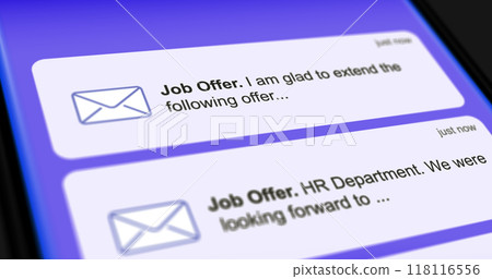 List of job offer emails, incoming hiring letters on smartphone screen, close-up job placement notifications 118116556