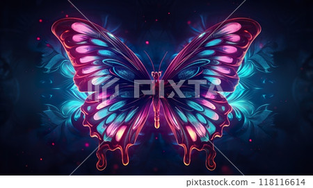 beautiful purple neon glowing butterfly illustration at black background, colorful magic wallpaper 118116614