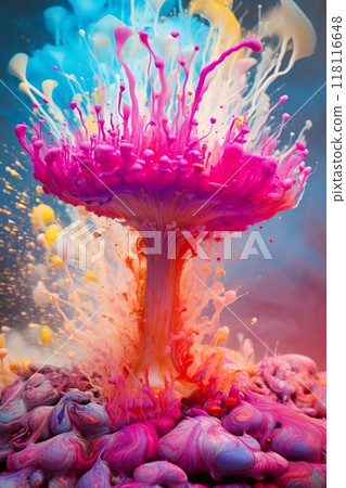 magic psychedelic mushrooms in colorful glow, explosion of colors, psilo shrooms concept background 118116648