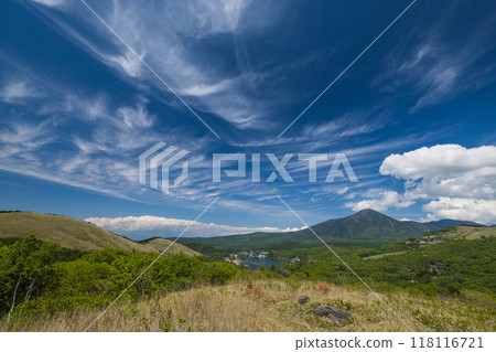 Lake Shirakaba and Mount Tateshina as seen from an observation deck along the Venus Line in Chino City, Nagano Prefecture, Japan Lake Shirakaba and Mount Tateshina as seen from an observation deck along the Venus Line in Chino City, Nagano Prefecture, Japan 118116721