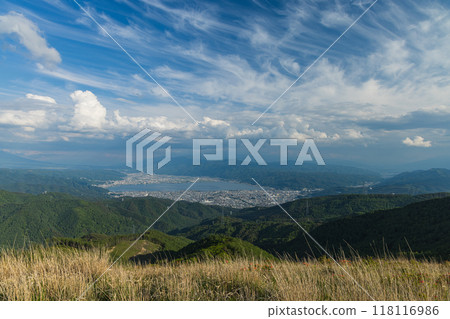 日本：長野縣岡谷市和鹽尻市交界處的高博奇山上的高博奇高原，從俯瞰山上看到的諏訪湖 118116986