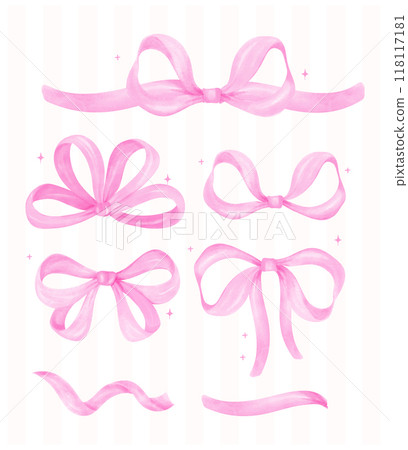 Coquette Pink Ribbon bow Watercolor element set Preppy Retro Grandmillennial style collection 118117181