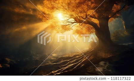 beautiful autumn landscape with fallen leaves in a forest glade at sunset, sunlight and beautiful nature as background beautiful autumn landscape with fallen leaves in a forest glade at sunset, sunlight and beautiful nature as background 118117322