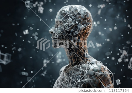 portrait of a robot with human body made of disintegrating squares and cubes, standing in front of a digital background with abstract particles in space, cybernetics, computer rendering 118117564