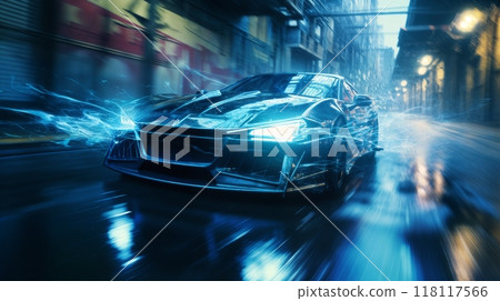 a modern high speed car rushes down the street of a night city, engulfed in flames or plasma, street lights, road, blurred motion 118117566