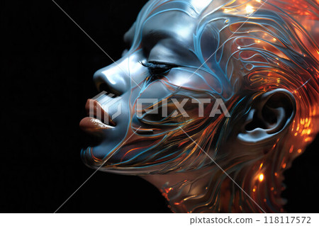 portrait of a woman with decorative and artistic makeup on her face with glow and gloss portrait of a woman with decorative and artistic makeup on her face with glow and gloss 118117572