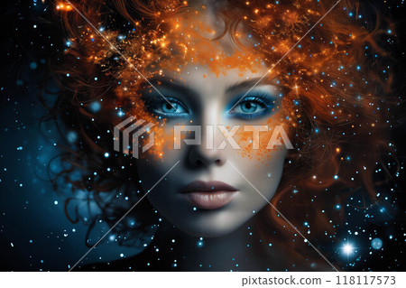 portrait of a beautiful woman with particles of light surrounding her face as a symbol of magic portrait of a beautiful woman with particles of light surrounding her face as a symbol of magic 118117573