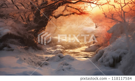 beautiful winter landscape, tree branches in snow covered forest, bright sunlight and beautiful nature 118117584