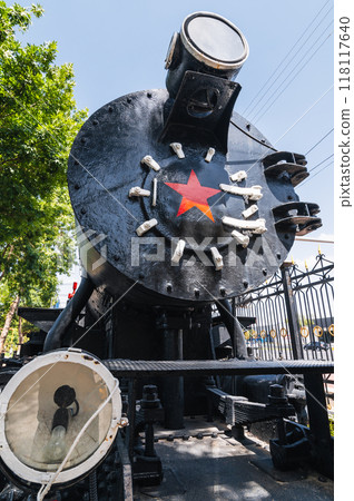 A railway locomotive with large wheels in the Tashkent Museum A railway locomotive with large wheels in the Tashkent Museum 118117640