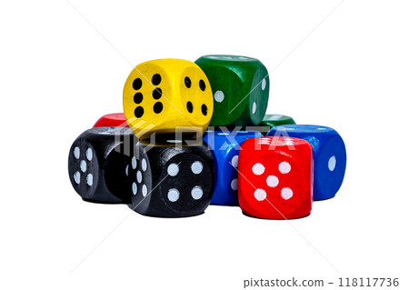 Different colored dice on a transparent background. Five bright colors. High quality photo Different colored dice on a transparent background. Five bright colors. High quality photo 118117736