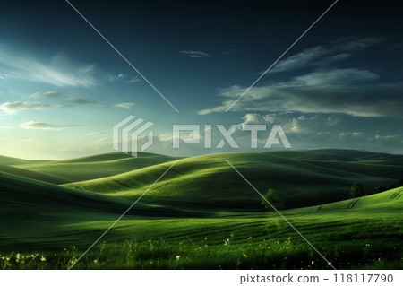 A beautiful summer or spring landscape with green grass on the hills and green fields. Dark dramatic sky in the evening. Nature as a background. 118117790