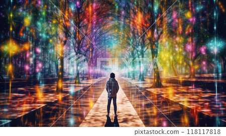 a person stands in a surreal forest or park, on a path between trees, bright multicolored light projections surround him around 118117818