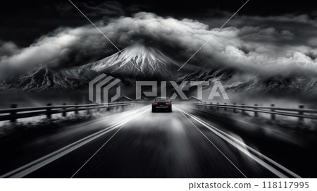 a car rushes at night along the highway outside the city, it is dark, starry sky and haze, blurred traffic 118117995