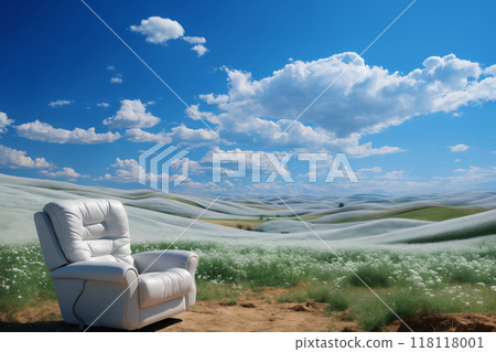 armchair surrounded by a beautiful landscape, summer season, field and sky, horizon over plain 118118001
