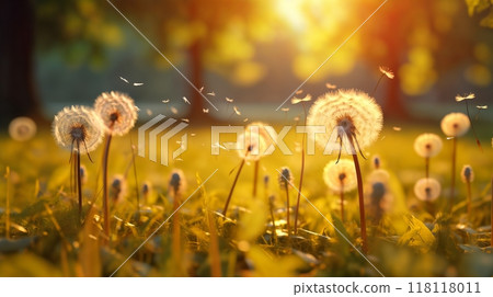 a beautiful summer landscape with dandelions and grass in a forest glade at sunset, sunlight and beautiful nature 118118011