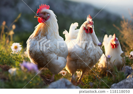 Portrait of chickens on a green grass meadow in mountains, bright sunny day, on a ranch in the village, rural surroundings on the background of spring nature 118118050