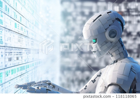 android robot works with computer and data against background of abstract digital space with holographic elements and lights, cyber future 118118065