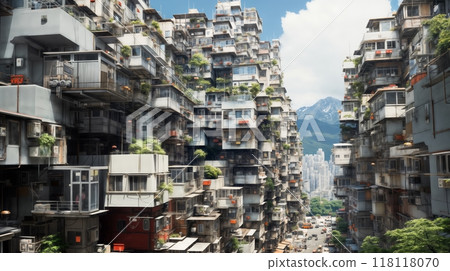 facade of apartment buildings, compact buildings in an Asian big city, balconies and windows in the cramped space of a megacity 118118070