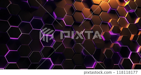 hexagon honeycomb purple and yellow neon background, hexagonal shape pattern texture 118118177