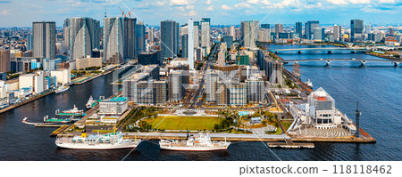 Aerial view of Odaiba Harbor in Tokyo, Japan 118118462