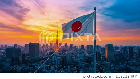 Scenery of Tokyo Tower at dusk with the rising sun flag soaring 118118497
