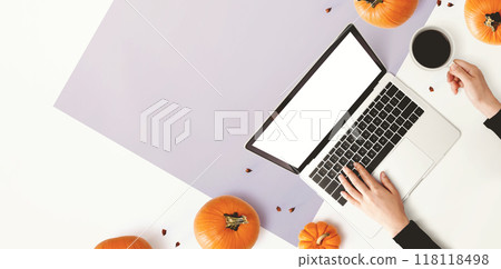 Person using a laptop computer with pumpkins 118118498