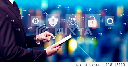 Virus and scam theme with businessman using a tablet computer 118118513