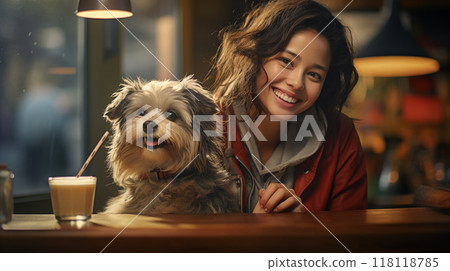 Smiling woman with a dog in a cozy cafe during the evening. 118118785