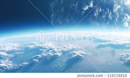 sunrise or sunset over planet Earth, clouds and atmosphere in rays of Sun, open space stratosphere 118118818