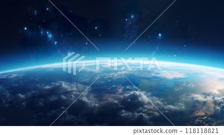 sunrise or sunset over planet Earth, clouds and atmosphere in rays of Sun, open space stratosphere 118118821