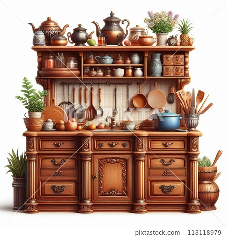 Rustic wooden kitchen with vintage utensils and decor 118118979